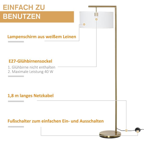 Gulvlampe, E27, 47x37x153 cm, Guld Hvid