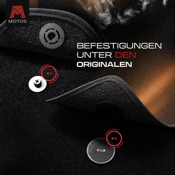 Personlige gulvmåtter i velour designet til Volkswagen Touran I 2003-2010 før det andet ansigtsløft, 7 passagerer, Ovale fastgørelser