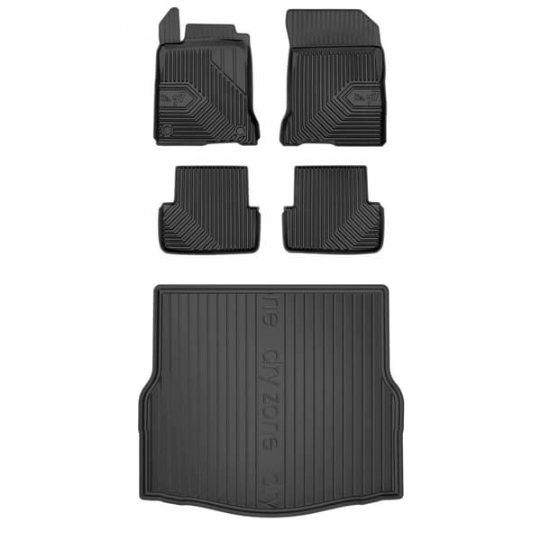 Set med gummigolvmattor och bagagerumsmattor för Renault Laguna III 2007-2015 Liftback, utan höjdjusterbart bagageutrymmesgolv, utan sidofördjupningar