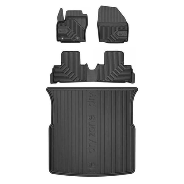 Set med gummigolvmattor och bagagerumsmattor för Ford S-Max I 2006-2014 5 passagerare, utan höjdjusterbart bagageutrymmesgolv, 25cm mellan mattans plu