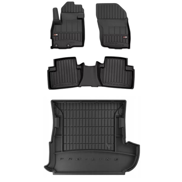 Set med gummigolvmattor och bagagerumsmattor för Mitsubishi Outlander II 2006-2012 3:e sätesraden nedfälld, med subwoofer