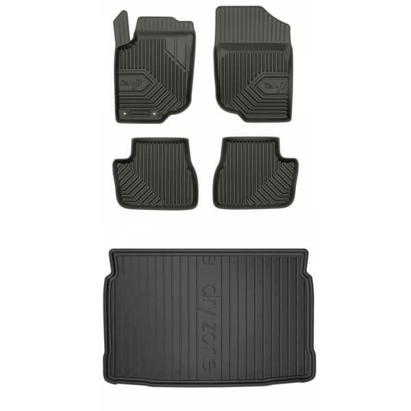 Set med gummigolvmattor och bagagerumsmattor för Peugeot 207 2006-2012 Hatchback, 5 dörrar, utan höjdjusterbart bagageutrymmesgolv