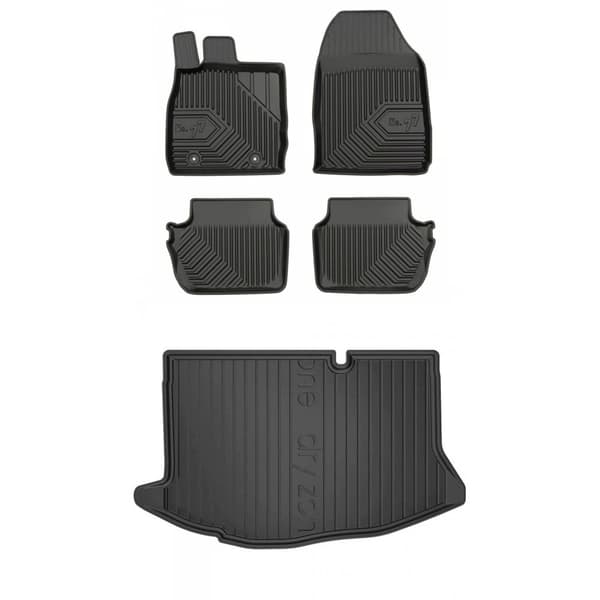 Set med gummigolvmattor och bagagerumsmattor för Ford Fiesta VI 2008-2017 Hatchback, Matningskontakter på förarsidan, 25,5 cm mellan mattans pluggar,