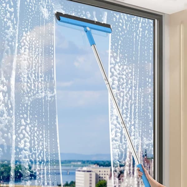 Vandskraber med teleskopskaft – blå/beige – 95 cm, drejelig til våd/tør brug