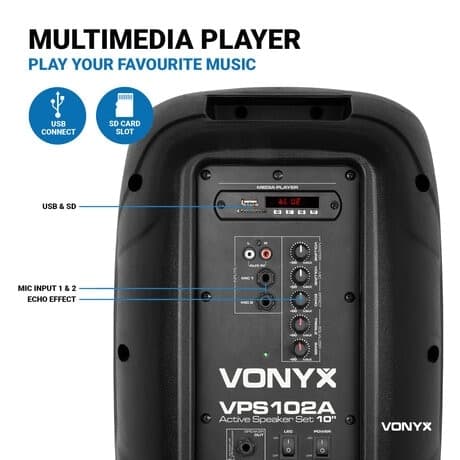 Vonyx VPS102A aktivt högtalarset, 10"LED & Stands