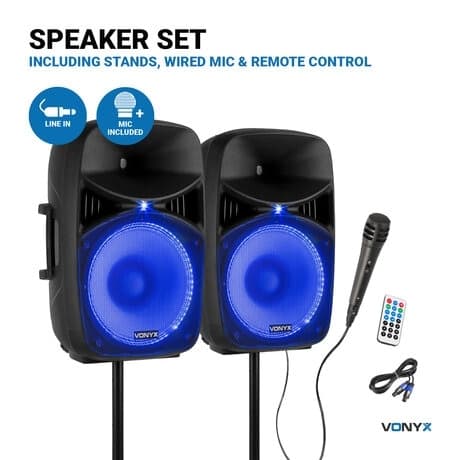 Vonyx VPS152A Aktivt högtalarset, 15", LED, Stativ, BT