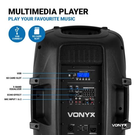 Vonyx VPS152A Aktivt högtalarset, 15", LED, Stativ, BT