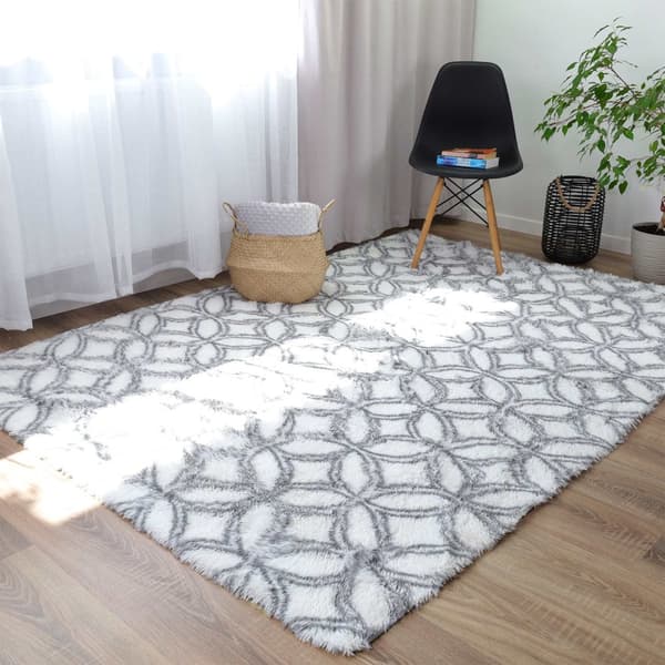 Shaggy tæppe, stue tæppe, lang luv, 160 x 230 cm - tæpper til stuer, fluffy, shaggy, soveværelser, sengekanttæpper, udendørs tæppe, hvid med mønster