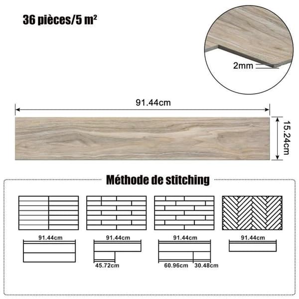 PVC-golvbeläggningar - YUENFONG - Vit ek - Självhäftande - 36 stycken - 91,44 x 15,24 cm