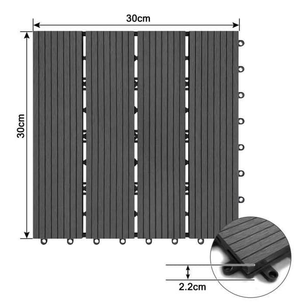 YUENFONG 11x WPC golvplattor för balkong antracit, plast - trälook, för terrass, trädgård, 30 x 30 cm - för 1 m²
