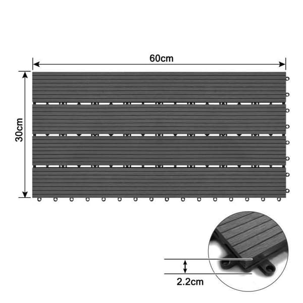 YUENFONG 6x WPC golvplattor för balkong, plast - trälook, antracit, 30 x 60 cm - för 1 m²