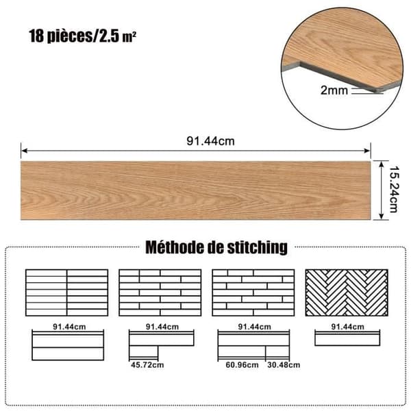 YUENFONG Set med 18 självhäftande PVC-golv, trälook, 91,44 x 15,24 x 0,2 cm, för ca 2,5 m², varm ek