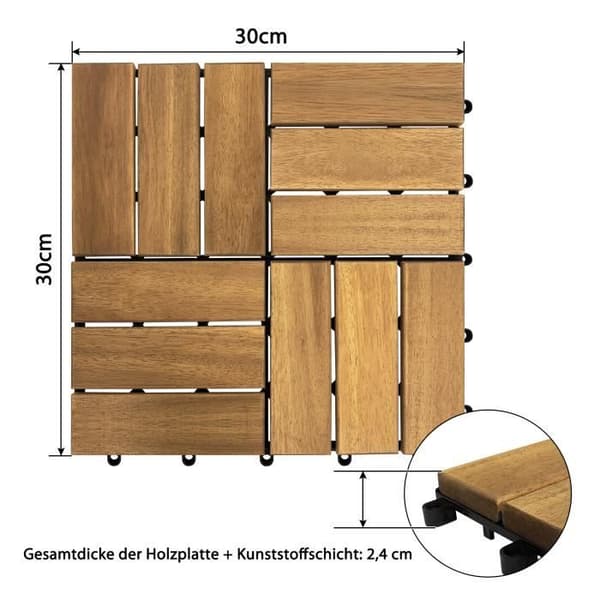 XMTECH 11 stycken Golvplattor, 30x30cm, Golv för utomhus trä-Trädgård terrass plug-in, Ljusbrun 12 ränder