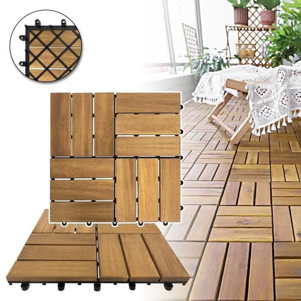 XMTECH 11 stycken Golvplattor, 30x30cm, Golv för utomhus trä-Trädgård terrass plug-in, Ljusbrun 12 ränder