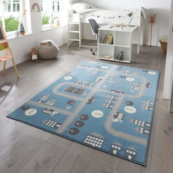 Matta - HANSA - Stadsblå - Barn - 160 x 220 cm - Väg, bilar, hus och träd