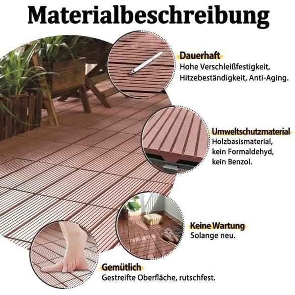LARS360 Interlocking Wood Composite WPC Interlocking Garden Plates Utomhusgolvplattor 30 x 30 cm (1m²), paket med 11