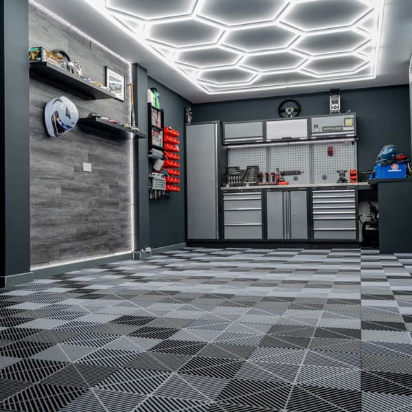 Polypropenplattor med ventilationskanaler + KANTER  + Hexagonal LED-taklampa | Svart, Grå, Blå eller kombinerade färger| Hopkopplingsplatta | Halkfri-