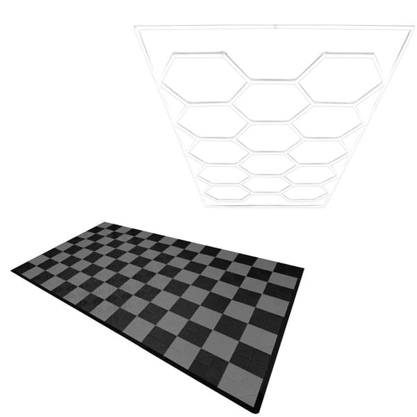 Polypropenplattor med ventilationskanaler + KANTER  + Hexagonal LED-taklampa | Svart, Grå, Blå eller kombinerade färger| Hopkopplingsplatta | Halkfri-