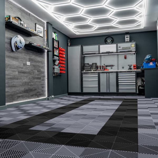 Polypropylenplader med ventilationskanaler + KANTER + Hexagonal LED-loftlampe | Sort, Grå, Blå eller kombinerede farver | Sammenkoblingsplader | Skrid