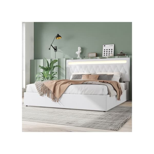 Sängen 180*200 cm, med förändringsbar atmosfärsbelysning, fjärrkontroll, USB-port, vit