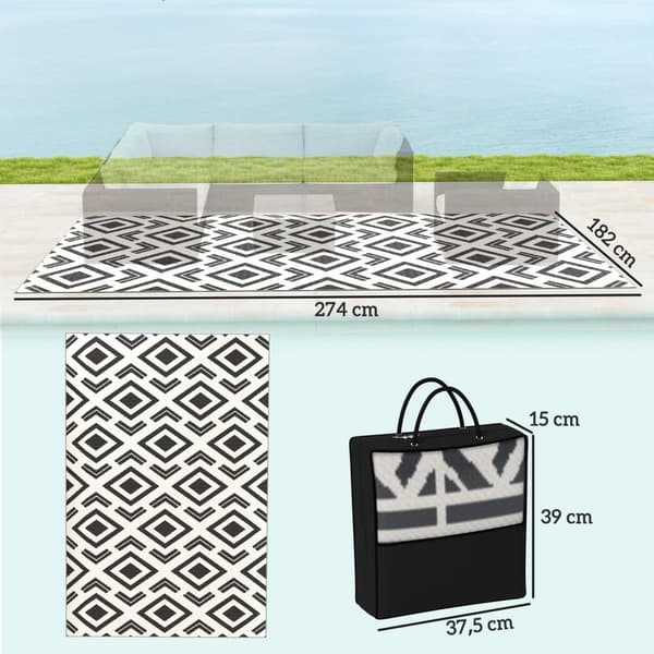 Rootz udendørs tæppe - vejrbestandigt boho -stil tæppe - sammenfoldelig balkonmåtte - let at rengøre - 182 x 274 cm - sort / hvid
