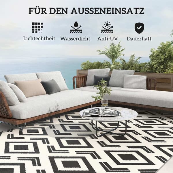 Rootz udendørs tæppe - vejrbestandigt boho -stil tæppe - sammenfoldelig balkonmåtte - let at rengøre - 182 x 274 cm - sort / hvid