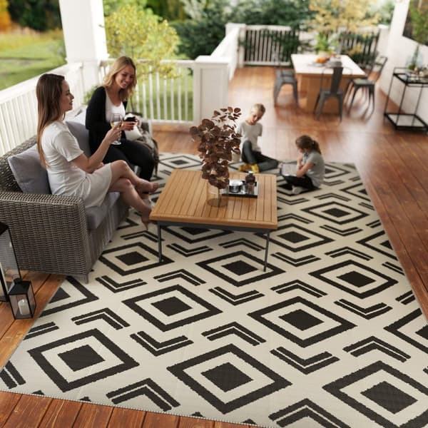 Rootz udendørs tæppe - vejrbestandigt boho -stil tæppe - sammenfoldelig balkonmåtte - let at rengøre - 182 x 274 cm - sort / hvid