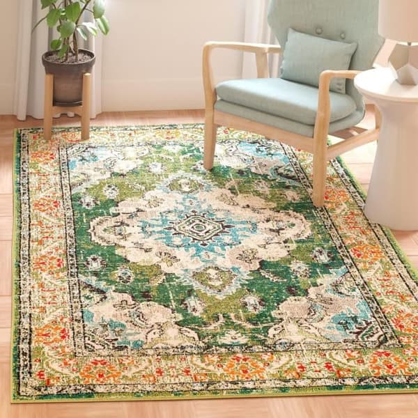 Safavieh Monaco Boho Mat För Vardagsrum, Matplats, Sovrum - Monaco Kollektion, Kortluggad Matta, Skogsgrön och Blå