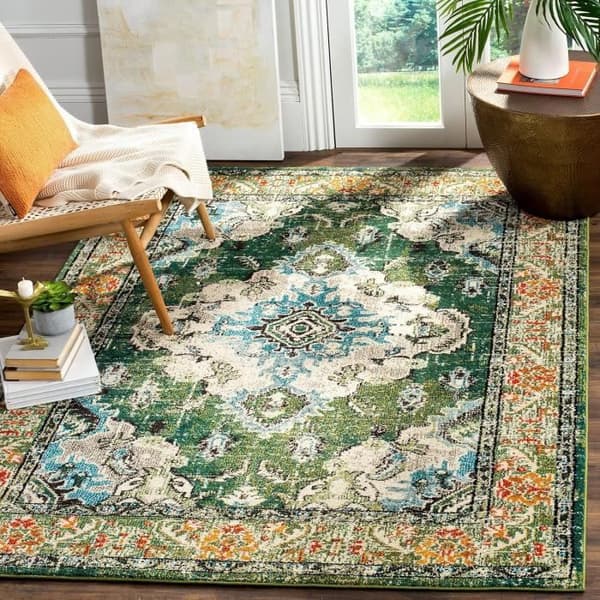 Safavieh Monaco Boho Mat För Vardagsrum, Matplats, Sovrum - Monaco Kollektion, Kortluggad Matta, Skogsgrön och Blå