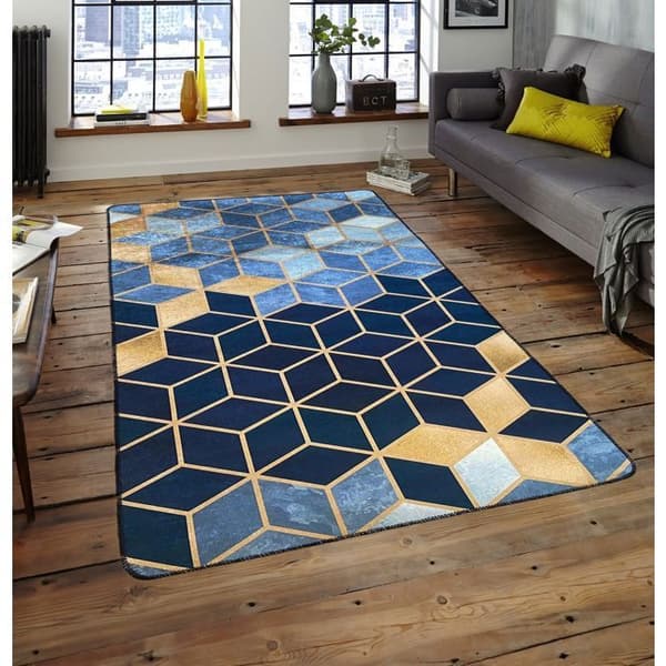 Matta - MANI TEXTILE - LUXE - Guld, Blå - 50x80 - Modern - Antisklid.