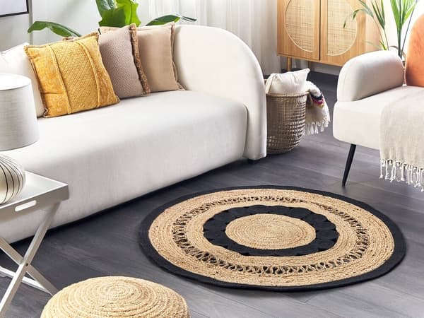 Rundt jutetæppe 120 cm beige og sort YOZGAT