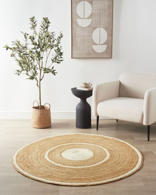 Rundt jutetæppe 140 cm beige og hvid HALFELI Lumarko!