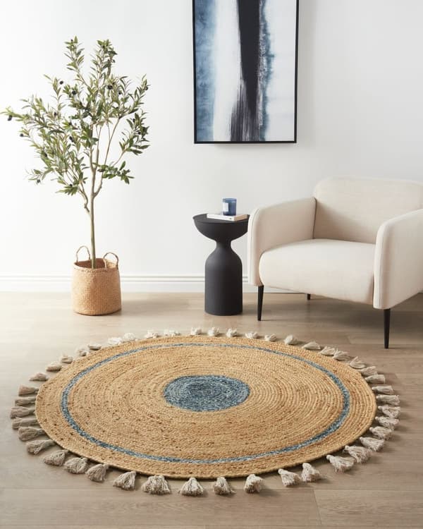 Rundt jutetæppe 140 cm beige-blå OBAKOY Lumarko!