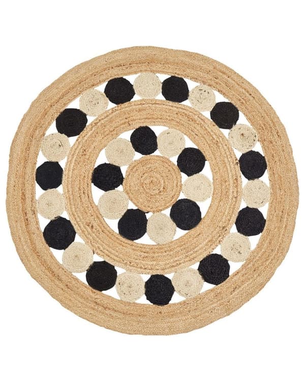 Rundt jute tæppe 140 cm beige og sort HOVIT Lumarko!