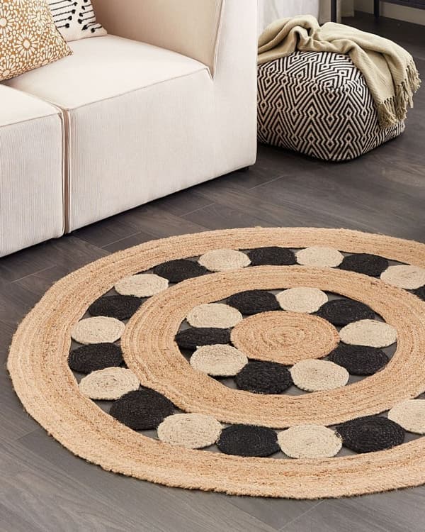 Rundt jute tæppe 140 cm beige og sort HOVIT Lumarko!