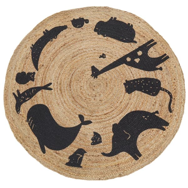 Rundt børnetæppe i jute med dyremotiv, 120 cm, beige, EARTH, Lumarko!
