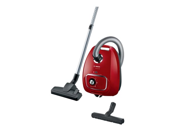 Bosch Serie 4 BGLS4X380, 600 W, Sylinteripölynimuri, Kuiva, Pölypussi, 4 L, HEPA, Hygieniasuodatin musta, Punainen, Hopea