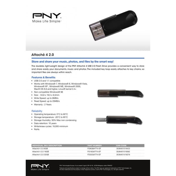 16GB USB-minne, PNY USB 2.0 Attache 4 16GB, Black