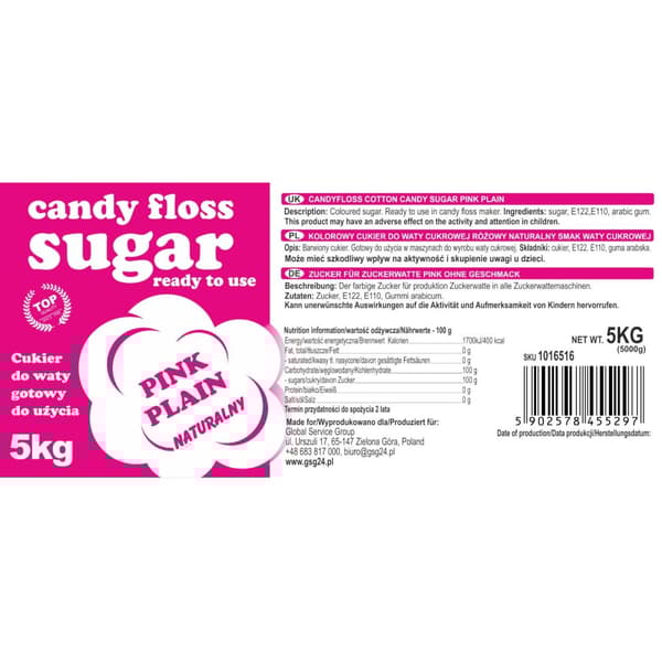 Farvet sukker til bomuld, rød, naturlig smag, 5 kg