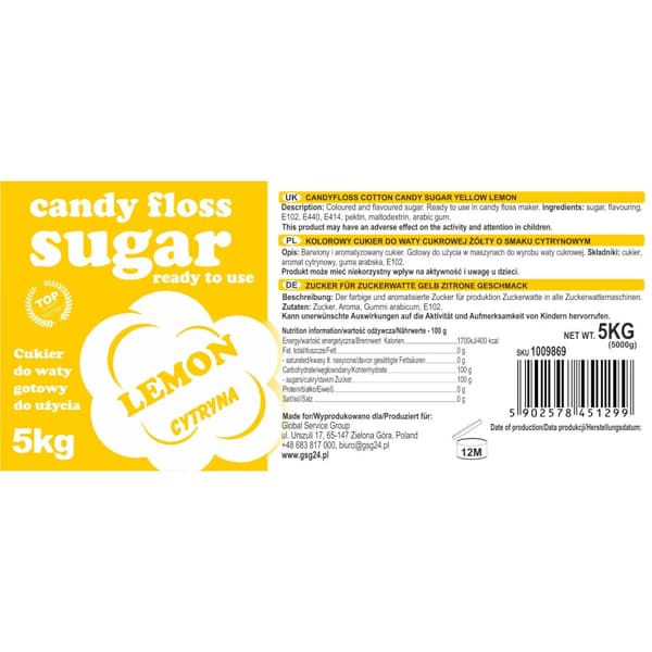 Färgat smaksatt socker för sockervadd gult med citronsmak 5kg