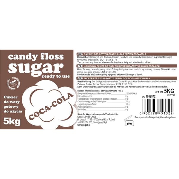 Färgat smaksatt brunt sockervadd med Coca-Cola smak 5kg