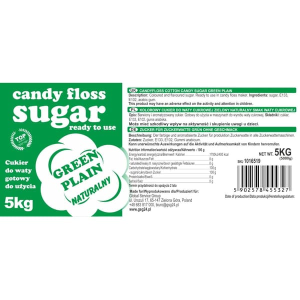 Farvet bomuldssukker, grøn, naturlig smag, 5 kg