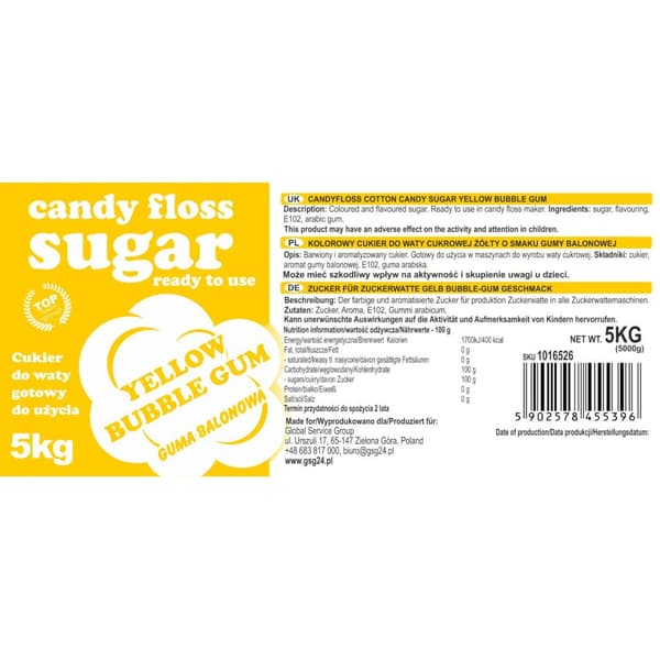 Farvet gul bomuldssukker med tyggegummi smag 5 kg