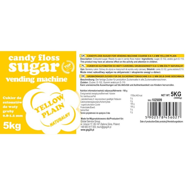 Socker till sockervaddsmaskinen, granulering 0,8-1,2 mm, naturlig smak GUL 5 kg