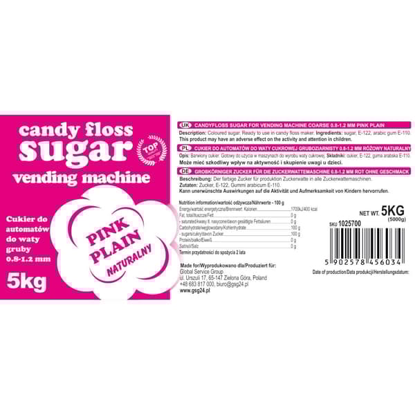 Socker till sockervaddsmaskinen, granulering 0,8-1,2 mm, naturlig smak RÖD 5 kg