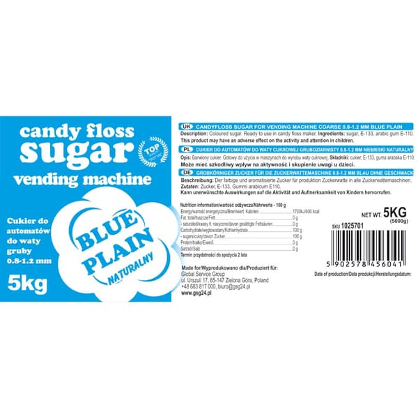 Socker till sockervaddsmaskinen, granulering 0,8-1,2 mm, naturlig smak BLÅ 5 kg