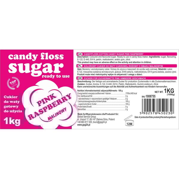 Farvet bomuldssukker, pink, hindbærsmag, 1 kg
