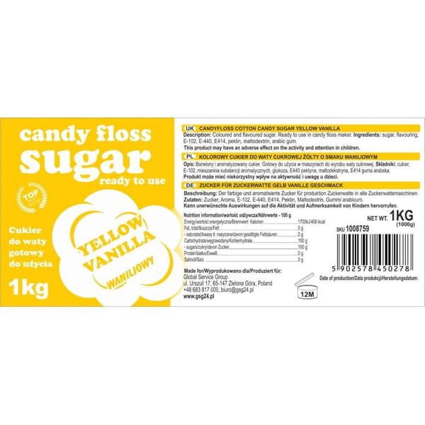 Färgat gult sockervadd med vaniljsmak 1 kg