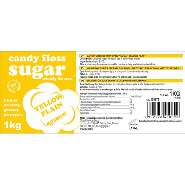 Farvet sukker til bomuld, gul, naturlig bomuldssmag, 1 kg