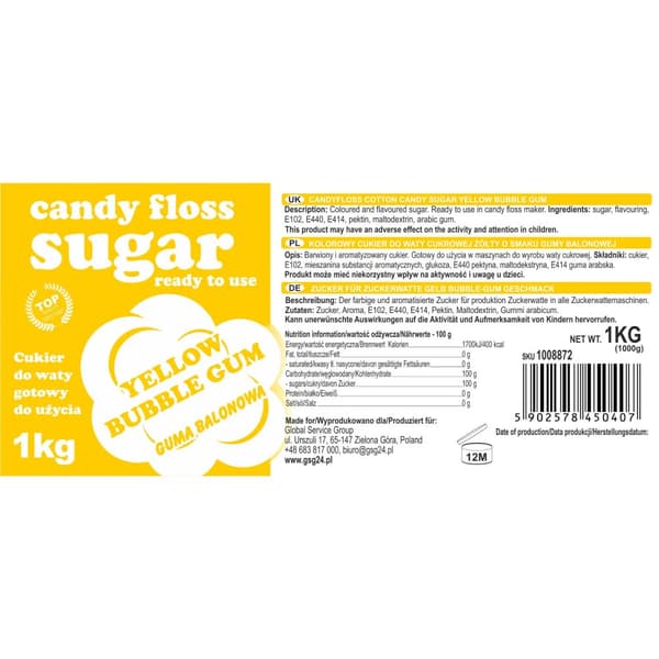 Färgat gult sockervadd med bubbelgumsmak 1kg